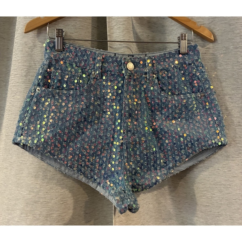 Nasty Gal Sequin Sparkle Blue Sequin High-Waist Women's Shorts 6 Hot Pants
